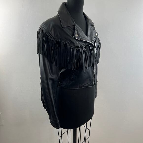 VINTAGE Fidelity Black Cropped Moto Jacket Leather Fringed Notch Lapel Zip 12 - Picture 5 of 11